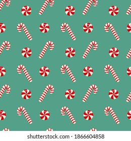 Christmas candy. Christmas candy cane and caramel. Classic color. Seamless vector pattern.