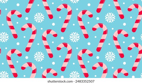 Christmas candy cane caramel and snowflakes seamless pattern. Holiday traditional peppermint backdrop. 