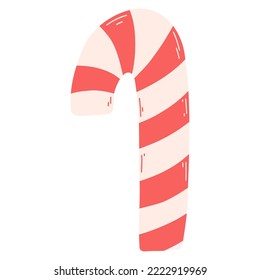 Christmas candy cane in cartoon flat style. Hand drawn vector illustration of traditional holiday sweet
