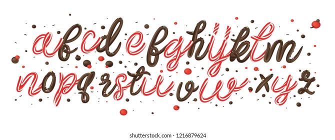 Christmas candy cane and chocolate 3d alphabet isolated on white background. Vector illustration. 