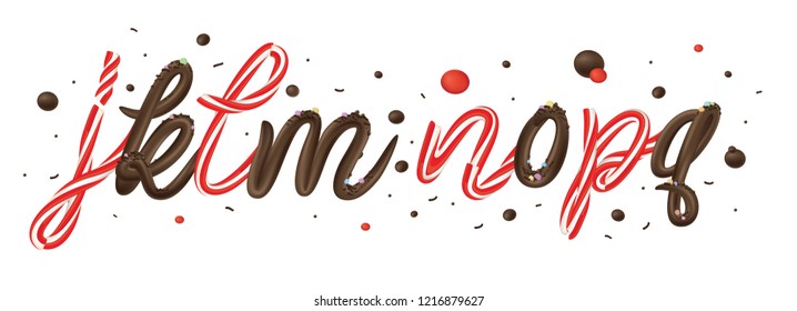 Christmas candy cane and chocolate 3d alphabet isolated on white background. Vector illustration. 