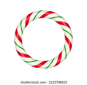 Christmas candy cane circle frame with red and green striped. Xmas border with striped candy lollipop pattern. Blank christmas and new year template. Vector illustration isolated on white background.