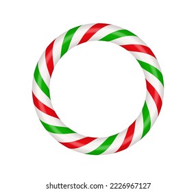 Christmas candy cane circle frame with red and green striped. Xmas border with striped candy lollipop pattern. Blank christmas and new year template. Vector illustration isolated on white background.