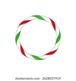 Christmas candy cane circle frame with red, white and green twisted stripes. Xmas ring border with striped candy lollipop pattern. New Year holiday round element. Vector festive design