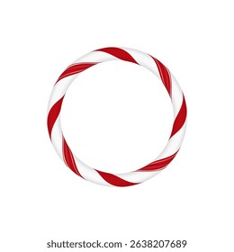 Christmas candy cane circle frame with red and white twisted stripes. Xmas ring border from striped candy ornament, lollipop pattern. New Year holiday round element. Vector festive design