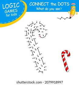 Christmas candy cane. Connect the dots by numbers to draw the lollypop. Winter symbol. Dot to dot Game and Coloring Page with cartoon New Year dessert. Logic Game for Kids learning counting number.