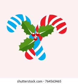 Christmas candy cane decorated with a bow and Christmas tree branches