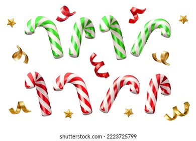 Elementos decorativos de caña de caramelo de Navidad. Conjunto de iconos vectores 3d. Ilustración realista del Año Nuevo. Diseños dorados verdes y rojos