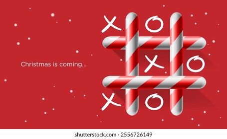 Christmas candy cane decoration tic tac toe game on green background. New year minimal creative idea. Holiday concept vector illustration