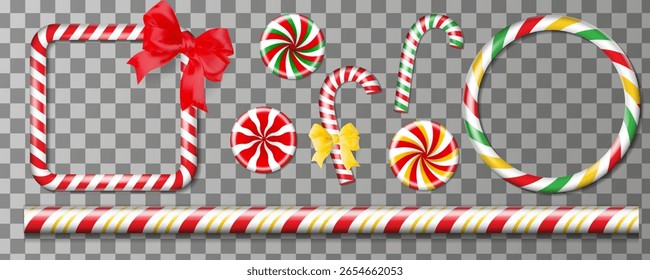 Weihnachten Süßigkeiten Zuckerrohr Dekorationen Set. Feiertage quadratischen Ende Kreis Rahmen, Linie Grenze, Süßigkeiten und Lollipop. Weihnachten und Neujahr Vektordesign-Elemente