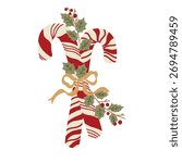 Christmas candy cane decorative isolated element with bouquet of winter leaves, berry and bow. Vector illustration for winter holiday invitation, cards, banner. Merry Christmas sweet.