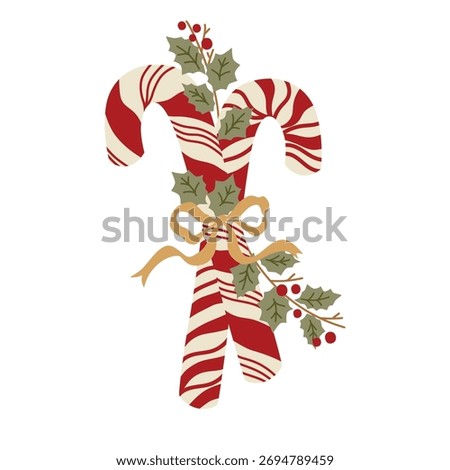 Christmas candy cane decorative isolated element with bouquet of winter leaves, berry and bow. Vector illustration for winter holiday invitation, cards, banner. Merry Christmas sweet.