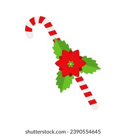 Christmas Candy Cane. Design element for door wreath decoration. Holiday icon for greeting cards. Flat vector stick illustration isolated on white.