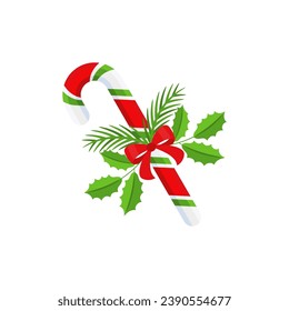 Christmas Candy Cane. Design element for door wreath decoration. Holiday icon for greeting cards. Flat vector stick illustration isolated on white.