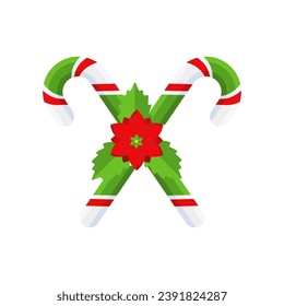 Christmas Candy Cane. Design element for door wreath decoration. Holiday icon for greeting cards. Flat vector stick illustration isolated on white.