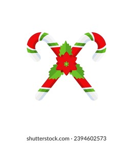 Christmas Candy Cane. Design element for door wreath decoration. Holiday icon for greeting cards. Flat vector stick illustration isolated on white.