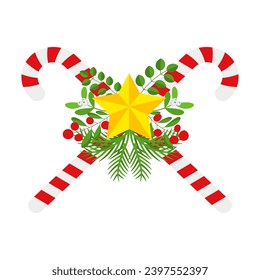 Christmas Candy Cane. Design element for door wreath decoration. Holiday icon for greeting cards. Flat vector stick illustration isolated on white.