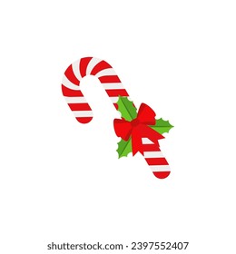 Christmas Candy Cane. Design element for door wreath decoration. Holiday icon for greeting cards. Flat vector stick illustration isolated on white.