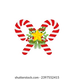 Christmas Candy Cane. Design element for door wreath decoration. Holiday icon for greeting cards. Flat vector stick illustration isolated on white.
