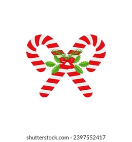 Christmas Candy Cane. Design element for door wreath decoration. Holiday icon for greeting cards. Flat vector stick illustration isolated on white.