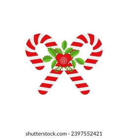 Christmas Candy Cane. Design element for door wreath decoration. Holiday icon for greeting cards. Flat vector stick illustration isolated on white.