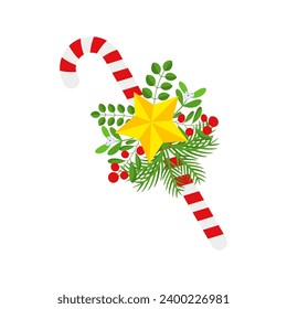 Christmas Candy Cane. Design element for door wreath decoration. Holiday icon for greeting cards. Flat vector stick illustration isolated on white.