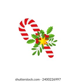 Christmas Candy Cane. Design element for door wreath decoration. Holiday icon for greeting cards. Flat vector stick illustration isolated on white.