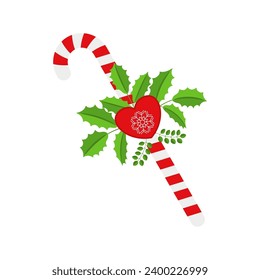Christmas Candy Cane. Design element for door wreath decoration. Holiday icon for greeting cards. Flat vector stick illustration isolated on white.