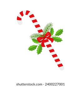 Christmas Candy Cane. Design element for door wreath decoration. Holiday icon for greeting cards. Flat vector stick illustration isolated on white.