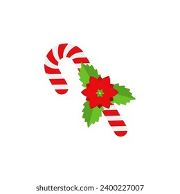 Christmas Candy Cane. Design element for door wreath decoration. Holiday icon for greeting cards. Flat vector stick illustration isolated on white.