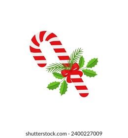 Christmas Candy Cane. Design element for door wreath decoration. Holiday icon for greeting cards. Flat vector stick illustration isolated on white.