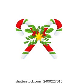 Christmas Candy Cane. Design element for door wreath decoration. Holiday icon for greeting cards. Flat vector stick illustration isolated on white.