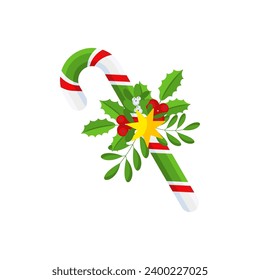Christmas Candy Cane. Design element for door wreath decoration. Holiday icon for greeting cards. Flat vector stick illustration isolated on white.