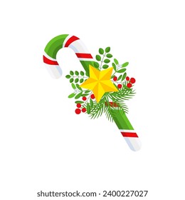 Christmas Candy Cane. Design element for door wreath decoration. Holiday icon for greeting cards. Flat vector stick illustration isolated on white.