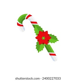 Christmas Candy Cane. Design element for door wreath decoration. Holiday icon for greeting cards. Flat vector stick illustration isolated on white.