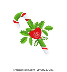 Christmas Candy Cane. Design element for door wreath decoration. Holiday icon for greeting cards. Flat vector stick illustration isolated on white.