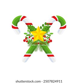 Christmas Candy Cane. Design element for door wreath decoration. Holiday icon for greeting cards. Flat vector stick illustration isolated on white.