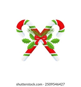 Christmas Candy Cane. Design element for door wreath decoration. Holiday icon for greeting cards. Flat vector stick illustration isolated on white.