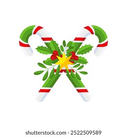 Christmas Candy Cane. Design element for door wreath decoration. Holiday icon for greeting cards. Flat vector stick illustration isolated on white.