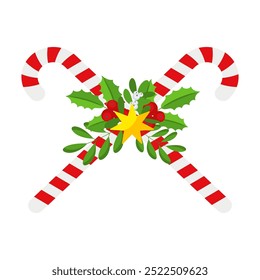 Christmas Candy Cane. Design element for door wreath decoration. Holiday icon for greeting cards. Flat vector stick illustration isolated on white.