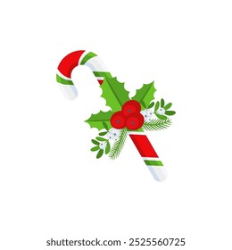 Christmas Candy Cane. Design element for door wreath decoration. Holiday icon for greeting cards. Flat vector stick illustration isolated on white.