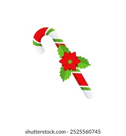 Christmas Candy Cane. Design element for door wreath decoration. Holiday icon for greeting cards. Flat vector stick illustration isolated on white.