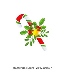 Christmas Candy Cane. Design element for door wreath decoration. Holiday icon for greeting cards. Flat vector stick illustration isolated on white.