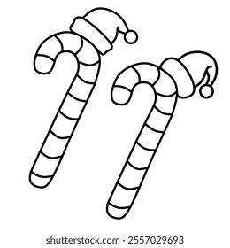 Christmas Candy Cane Doodle. Line Drawing of Sweet Peppermint Candy Cane with Hat illustration. 