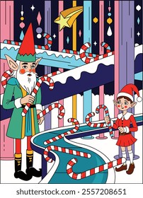 Christmas Candy Cane factory on the North Pole with two Elfs