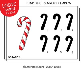 Caña de caramelo de Navidad. Encuentra la sombra correcta Lollypop. Cuta caricatura del bastón de Santa. Juego educativo para niños con dulces. Tarea con respuesta. Hojas de cálculo lógicas para el aprendizaje de la escuela infantil.