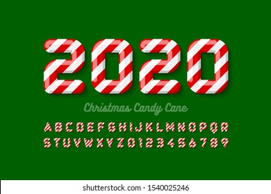 Christmas candy cane font, alphabet letters and numbers, vector illustration