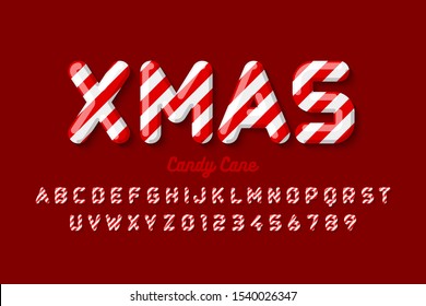 Christmas Candy Cane Font, Alphabet Letters And Numbers, Vector Illustration