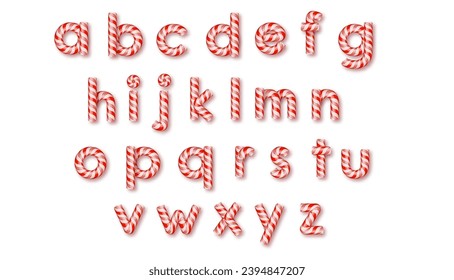 Christmas candy cane font set with caramel letter. Sweet 3d alphabet isolated