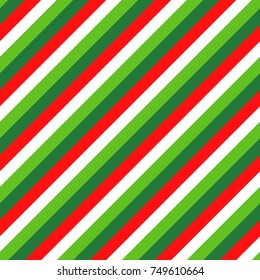 Christmas Candy Cane Four Color Stripes Seamless Vector Pattern in Red, White, Lime Green and Dark Green. Popular Winter Holiday Decor Background. Diagonal Lines Texture Tile.